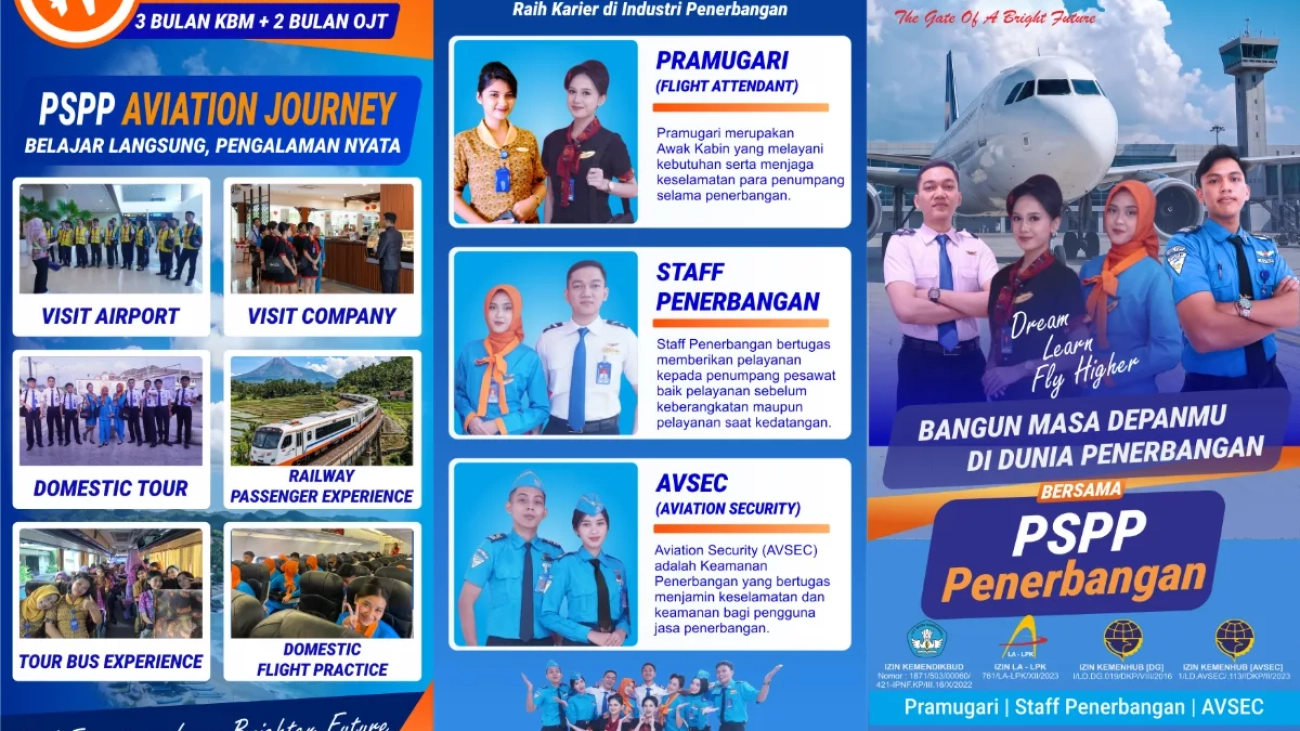 Brosur promosi program pendidikan PSPP Penerbangan untuk kelas pramugari dan AVSEC