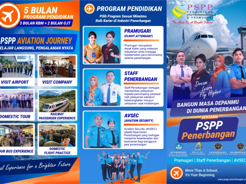 Brosur promosi program pendidikan PSPP Penerbangan untuk kelas pramugari dan AVSEC